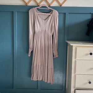 Baltic Born Dusty Mauve Long Sleeve Smocked Midi Dress